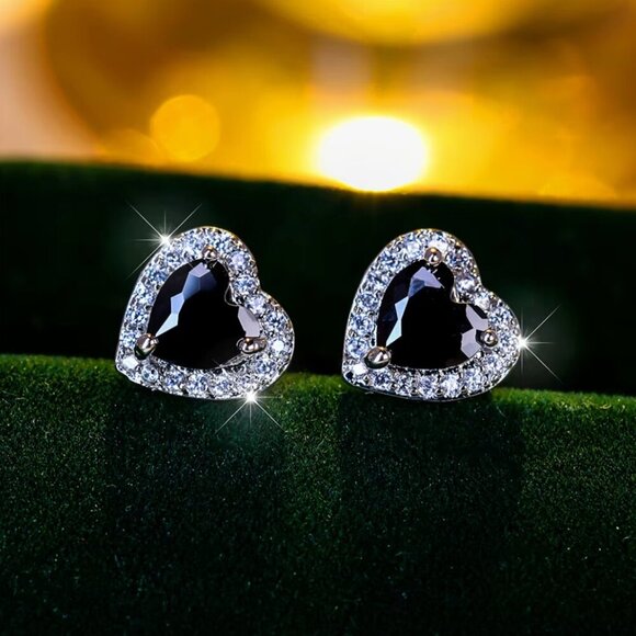 14k White Gold Black Sapphire Diamond Earrings Heart Stud Earrings